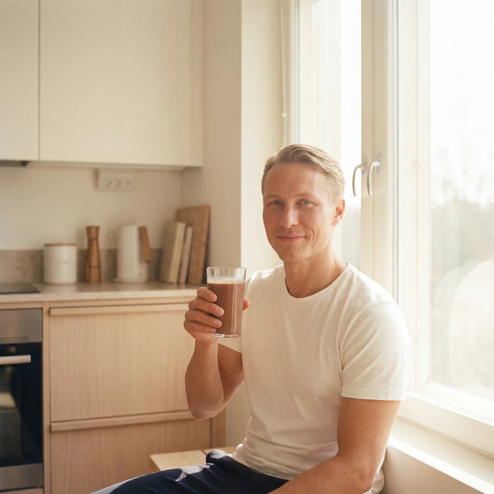 Preparing the cacao elixir in a bright Nordic kitchen