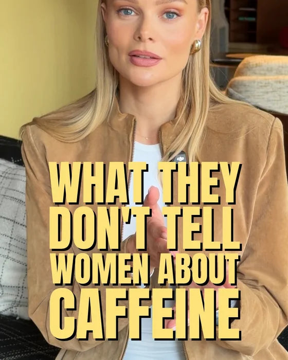 Nina in a suede jacket talking to the camera, with the words What they don't tell women about caffeine