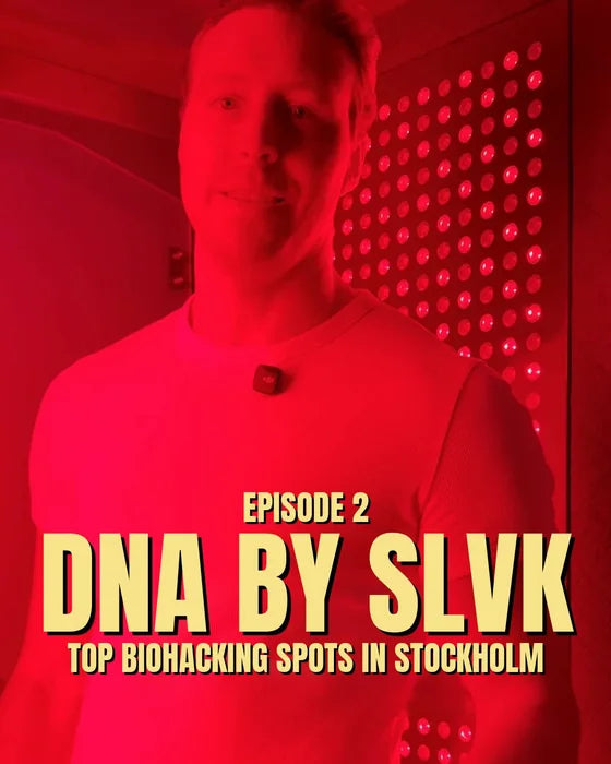 A man in a red lit recovery room under the title DNA by SLVK, episode 2, top biohacking spots in Stockholm