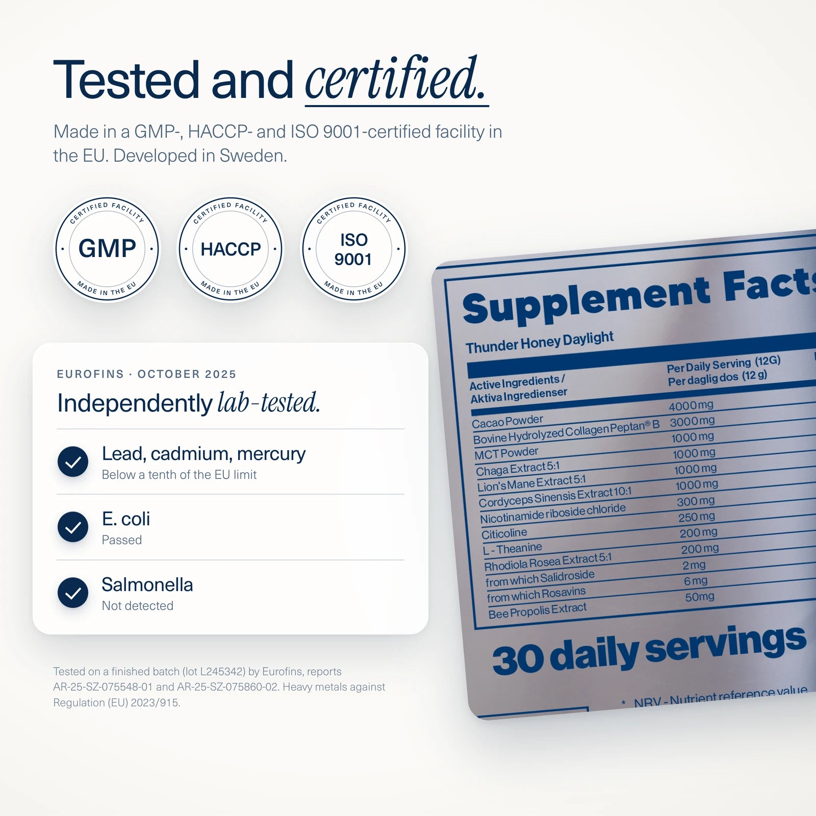 Tested and certified: made in a GMP-, HACCP- and ISO 9001-certified facility in the EU and developed in Sweden. A finished batch was lab-tested by Eurofins in October 2025: lead, cadmium and mercury below a tenth of the EU limit, E. coli passed, salmonella not detected. Beside it, a close-up of the supplement facts on the back of the pouch