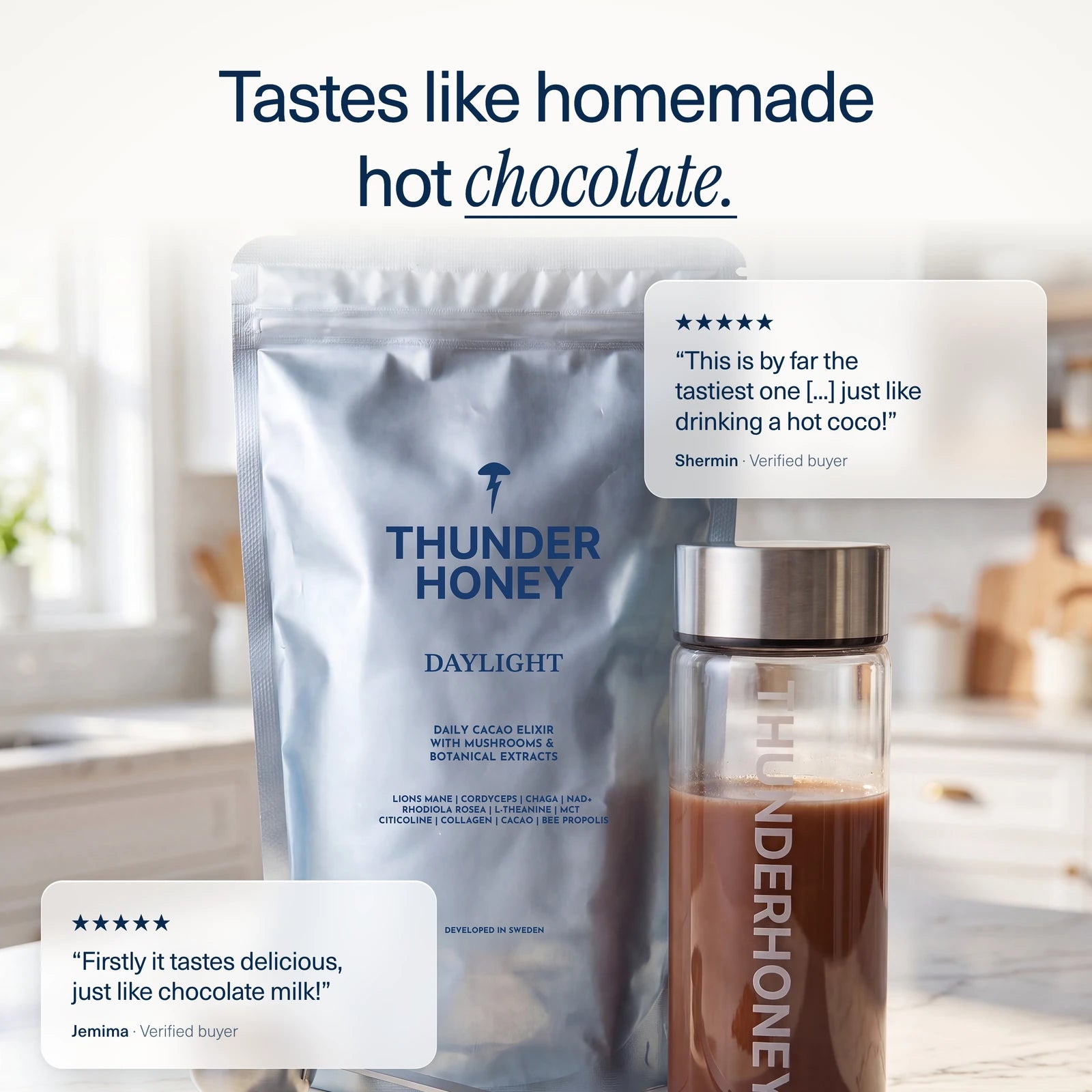 Tastes like homemade hot chocolate: the pouch and a bottle of made cacao on a sunny kitchen counter, with two five-star reviews from verified buyers Shermin and Jemima