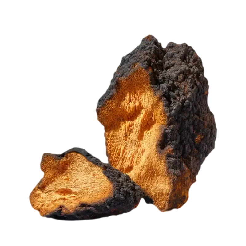 Two pieces of chaga, the black cracked crust around a rust-orange core
